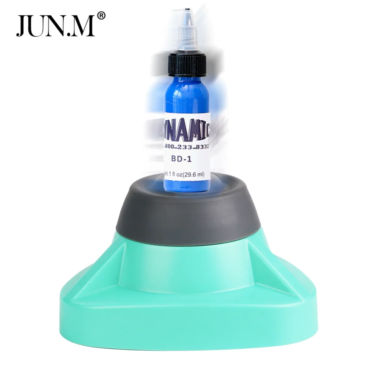 Blue ink bottle held on a teal rotating stand of a mini vortex mixer