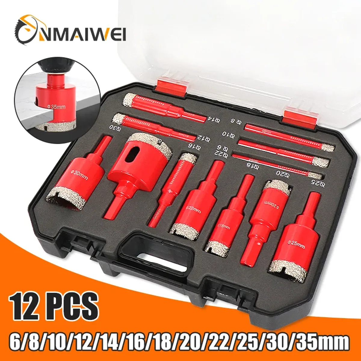 12-piece diamond coated drill bit set for glass, marble, granite, stone, tile, and ceramic materials, with sizes from 6mm to 35mm.