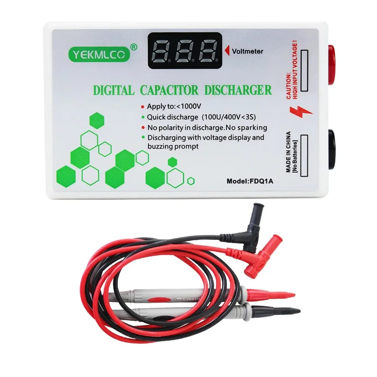 White FDQ1A digital capacitor discharger with a three digit voltmeter, red and black sockets and a pair of test leads