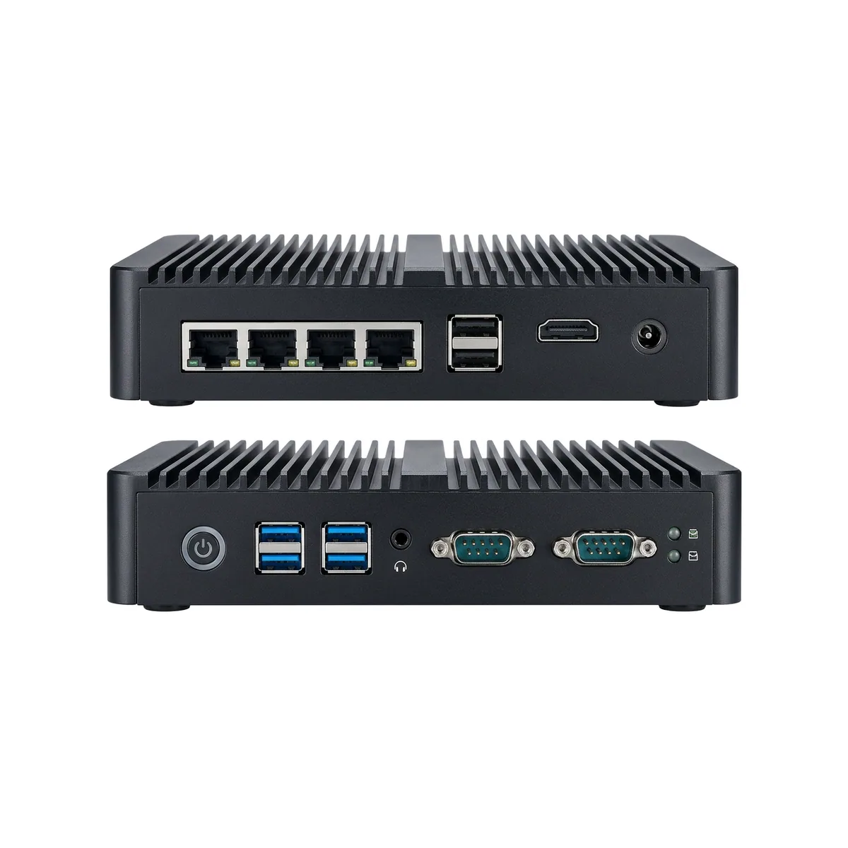 Front and rear views of an Appliance Mini PC showing Ethernet, USB, HDMI, and serial ports.
