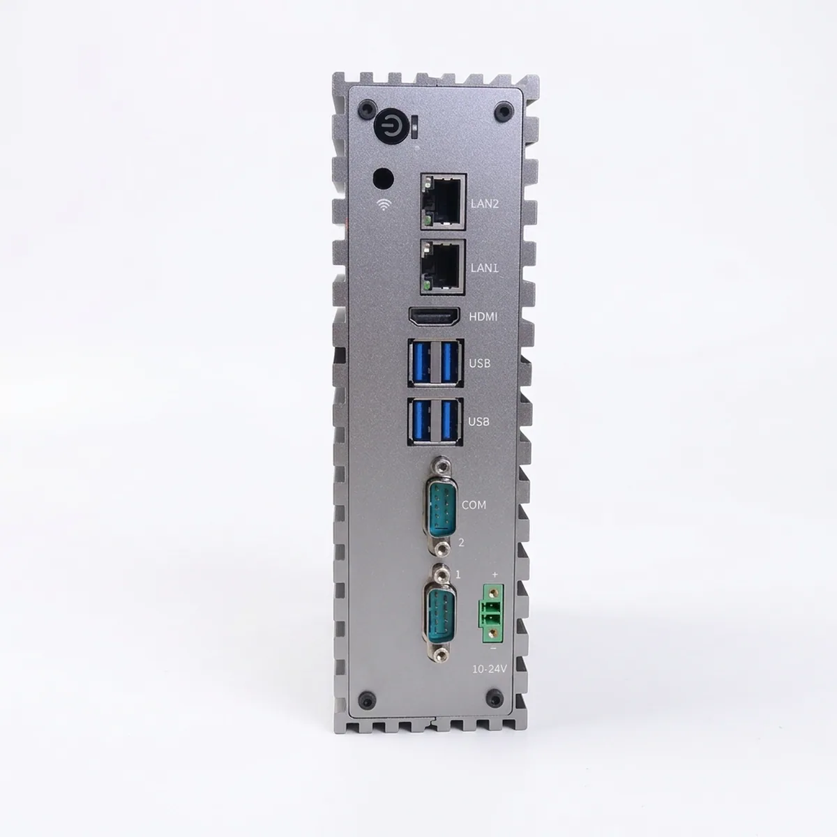 Industrial Mini PC showing rear I/O panel with LAN, HDMI, USB, COM ports, and power terminal.