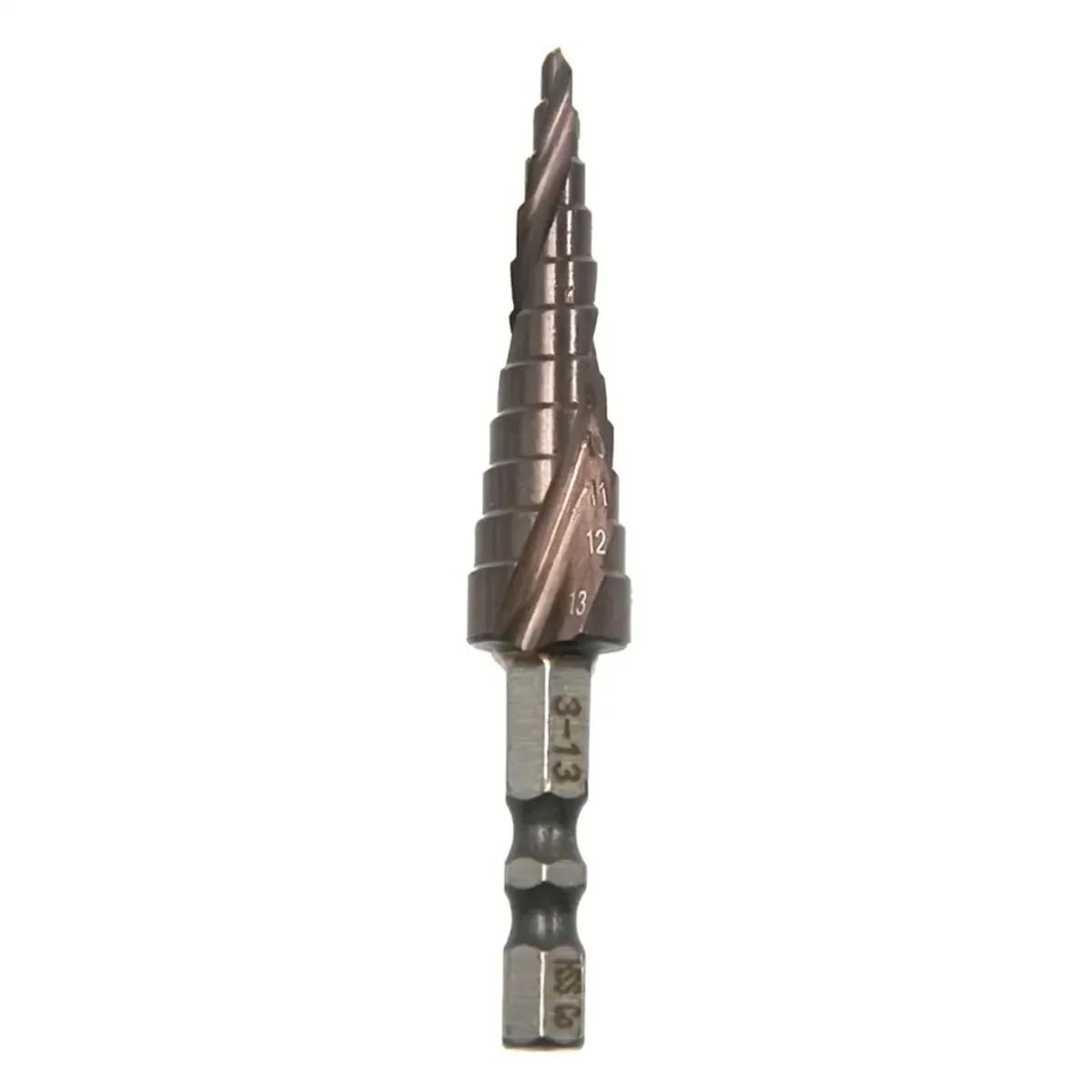 M35 Cobalt Pagoda Step Drill Bit for stainless steel, featuring a hexagonal spiral flute and 3mm to 13mm hole opening range.