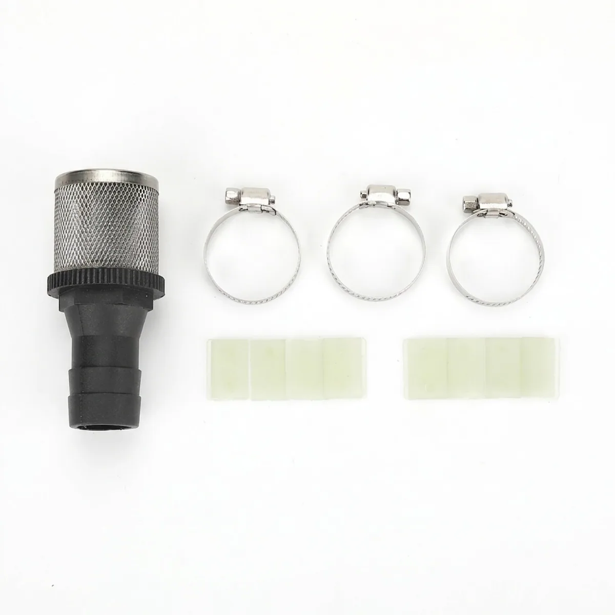 Diesel transfer pump kit including a black mesh filter, three steel hose clamps and pump vanes.