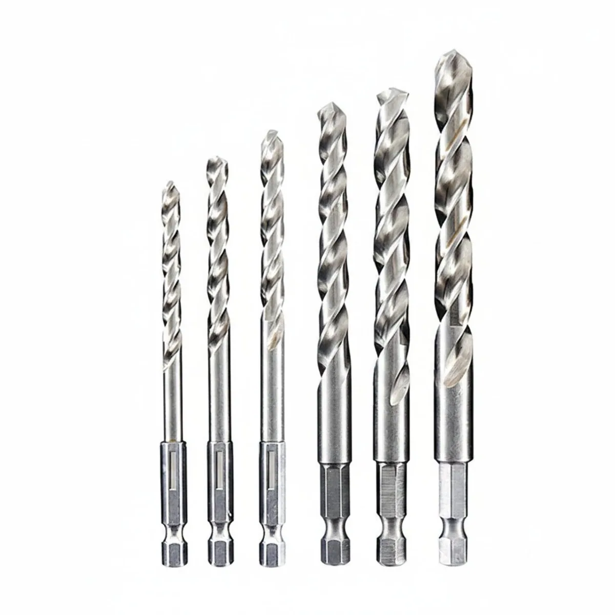 White steel twist drill bit set with 1/4 inch hex handle for quick changes, includes 4mm to 10mm sizes for drilling stainless steel and hard metals.