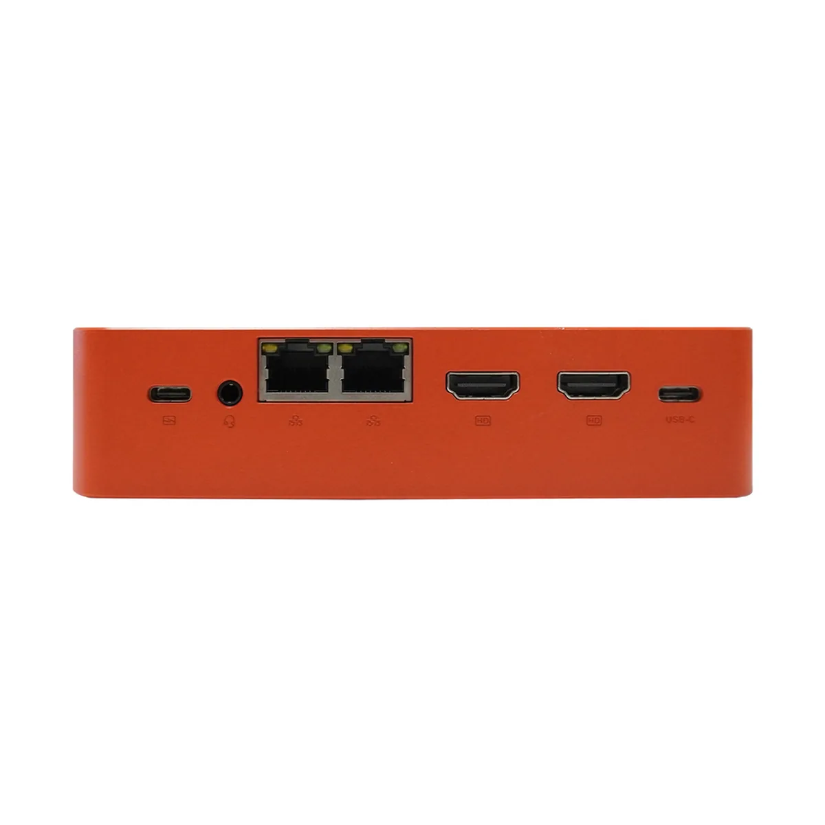 Rear panel of an orange Fanless Mini PC with dual Ethernet, HDMI, and USB-C ports.