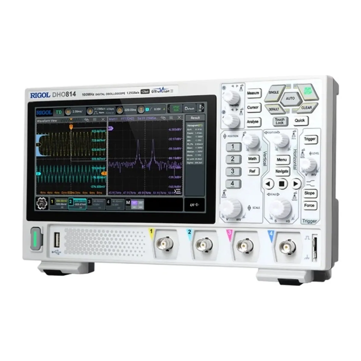 Angled front view of a white four channel touchscreen oscilloscope with waveform and FFT views on screen