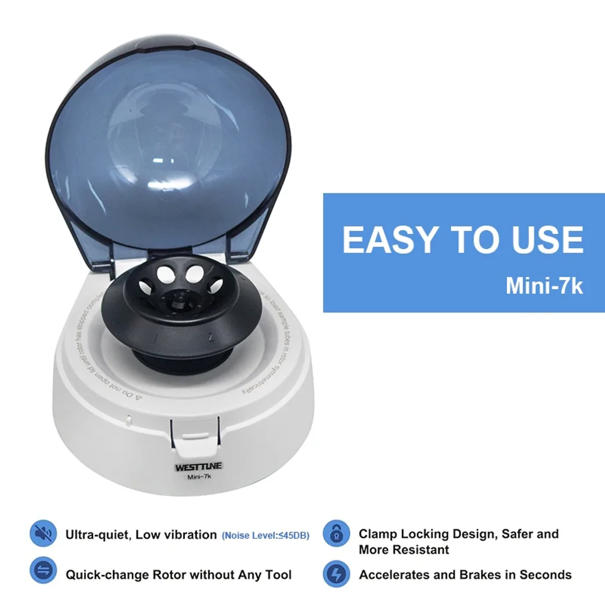 Mini-7K benchtop mini centrifuge with the lid open showing the round rotor