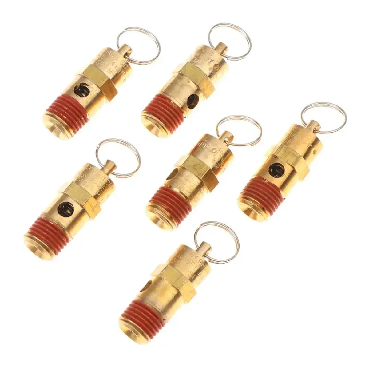 Five brass pneumatic safety valves lined up with red thread seals and metal pull rings
