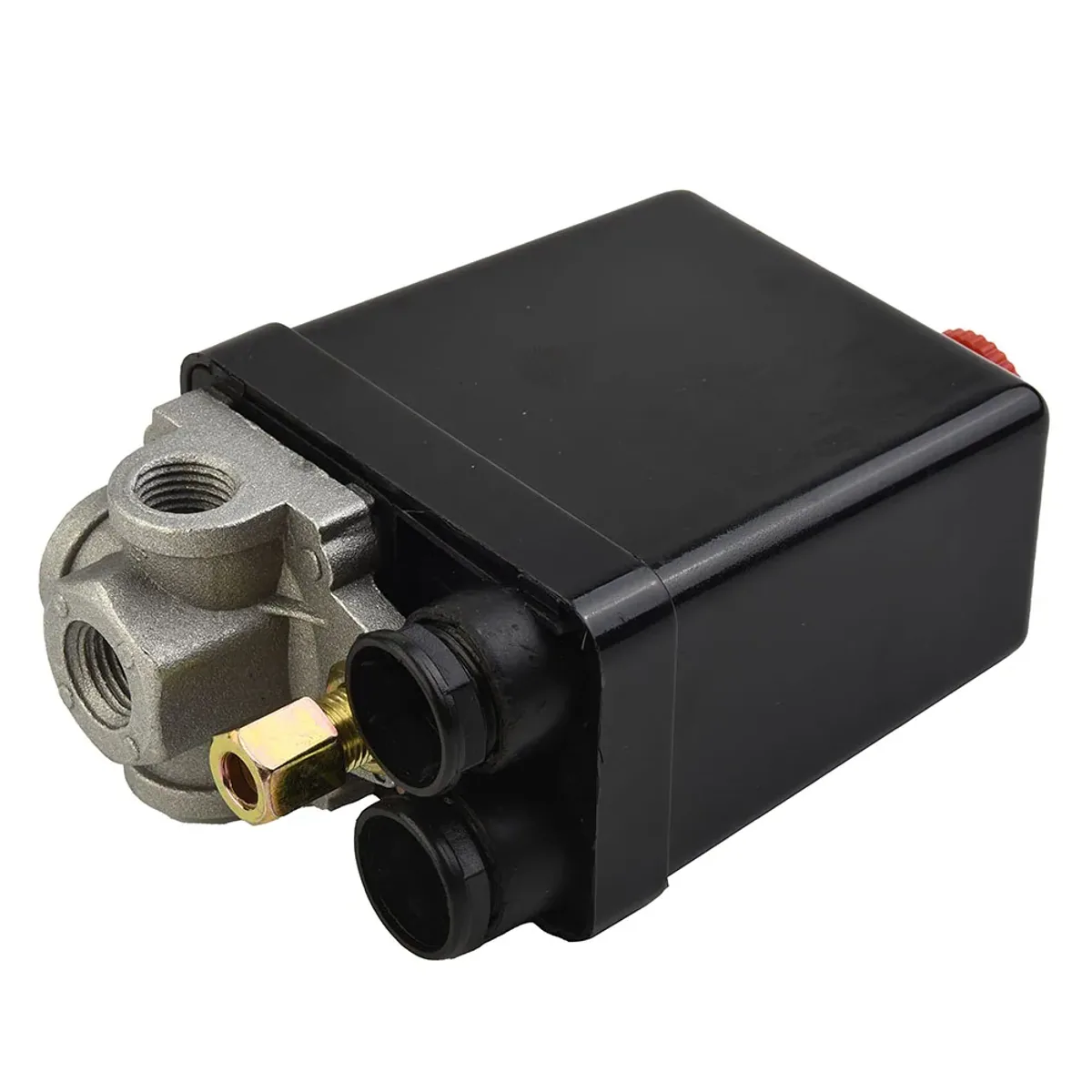 Black air compressor pressure switch with metal manifold ports and a red adjustment knob