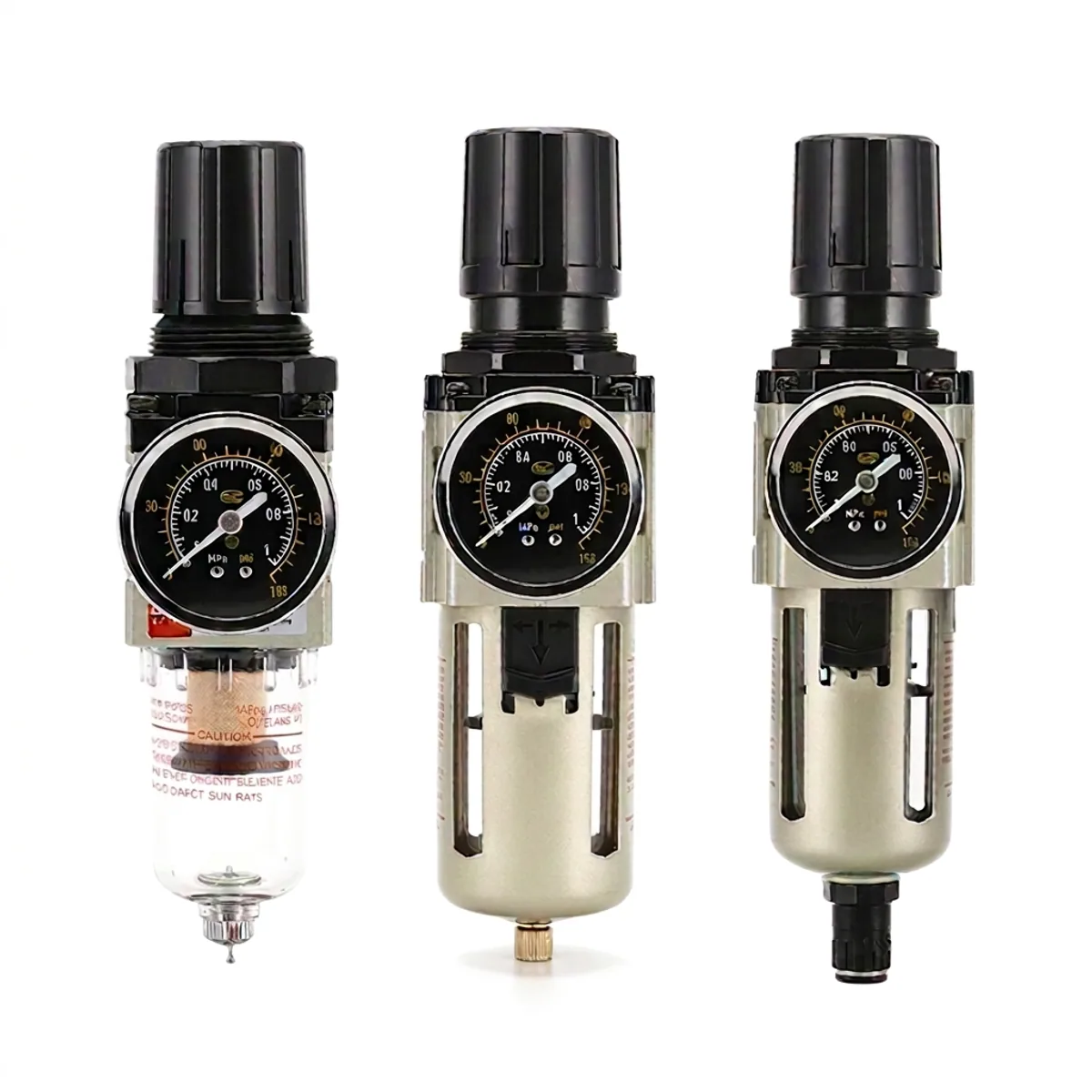 AW2000-02 SMC type air filter regulator with pressure gauge and water trap for industrial compressor air systems.