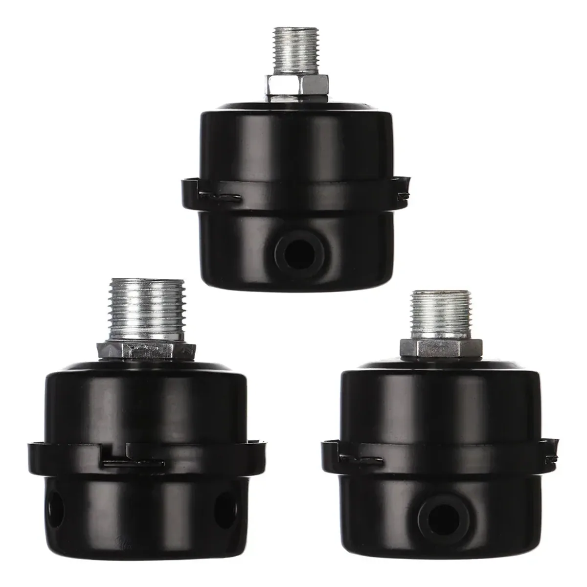 Three black intake filter silencers with metal threaded fittings lined up side by side