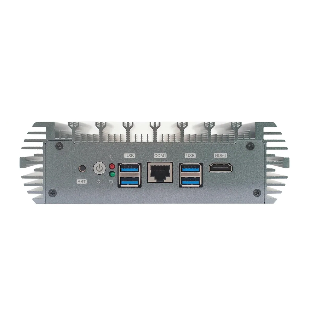 Front view of an Appliance Mini PC showing power button, USB, COM, and HDMI ports.