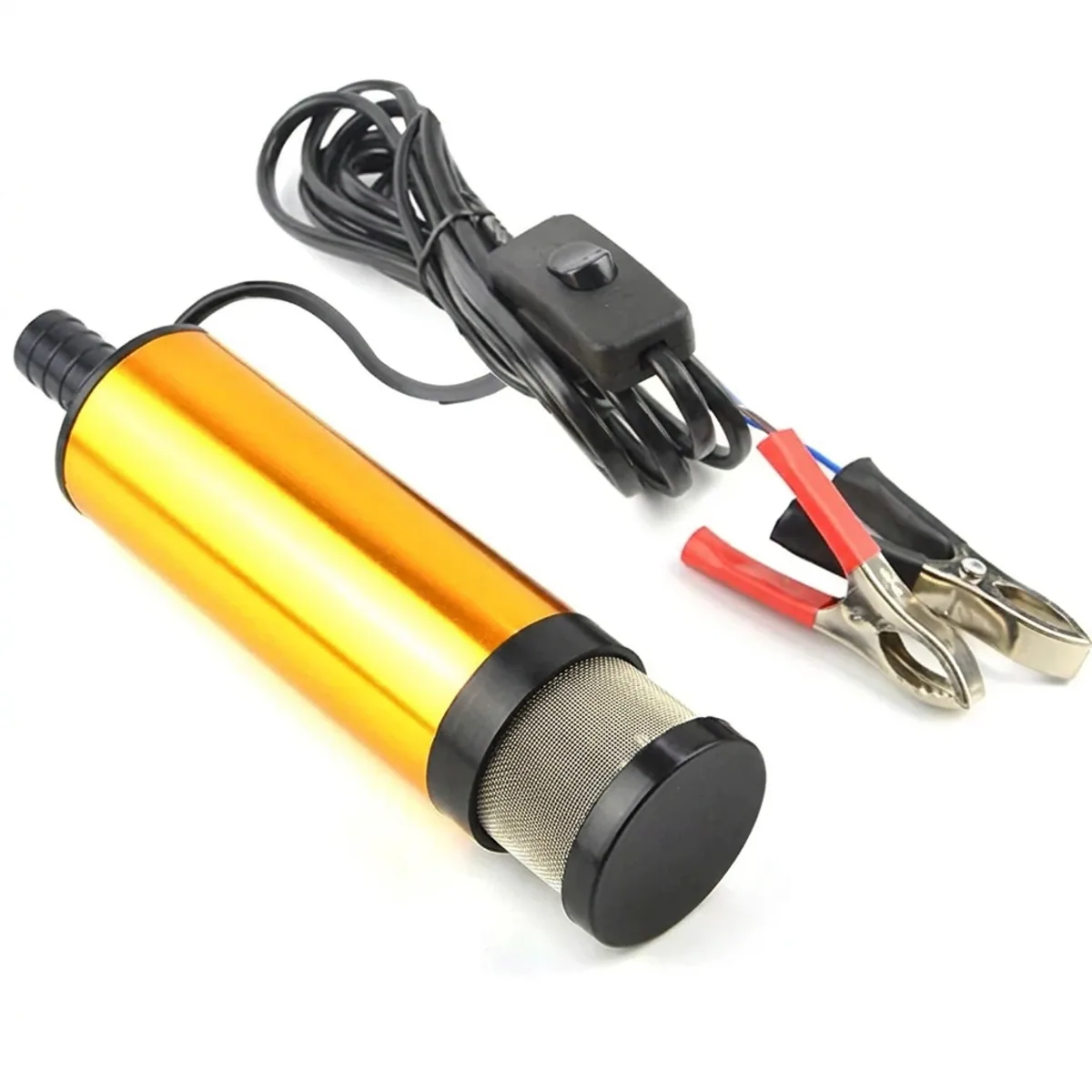 Gold aluminium diesel transfer pump with mesh filter, inline switch, and battery crocodile clips.