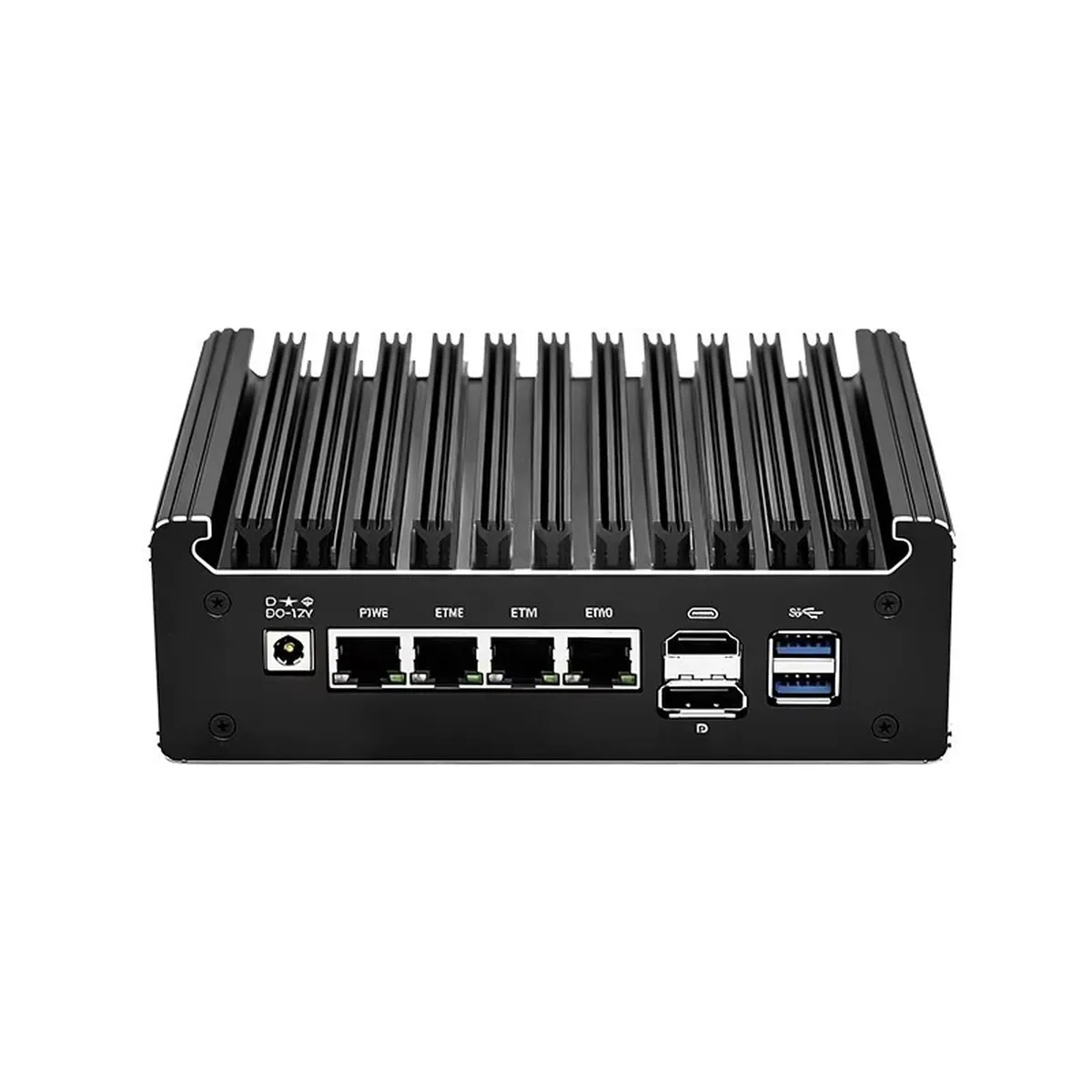 Rear ports and top heatsink of a Firewall Appliance with four ethernet and two USB ports.