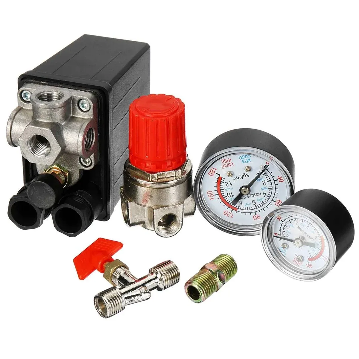 Air Compressor Pressure Switch Manifold | 90 to 120PSI | 4 Port, 2 Gauges
