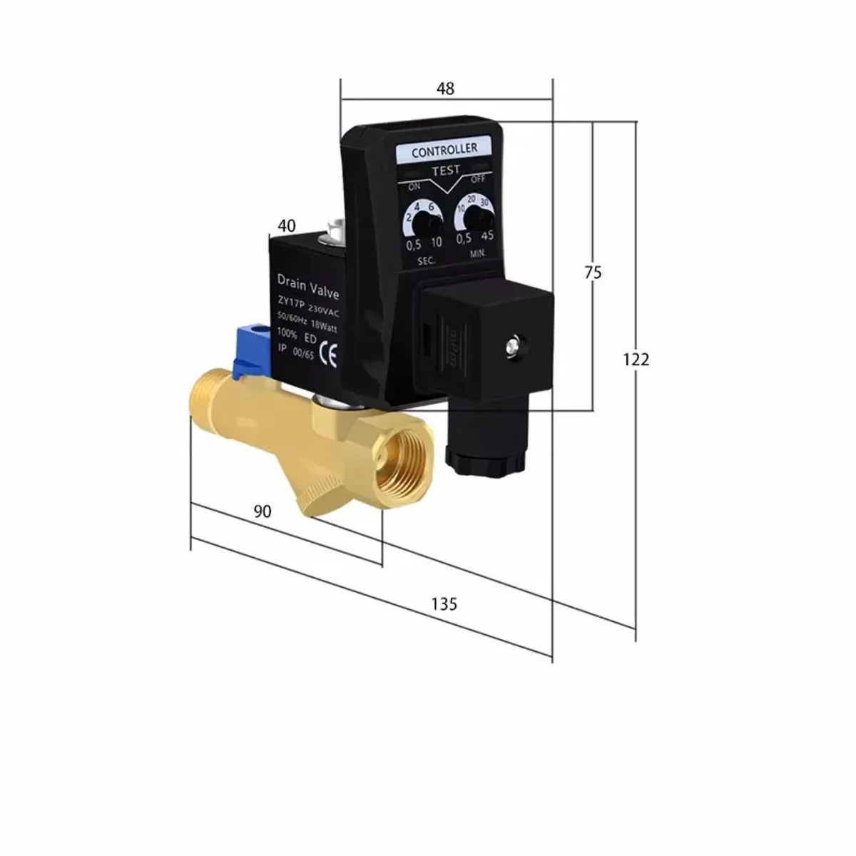 Electric drain valve with controller fitted to the valve body and dimensions shown