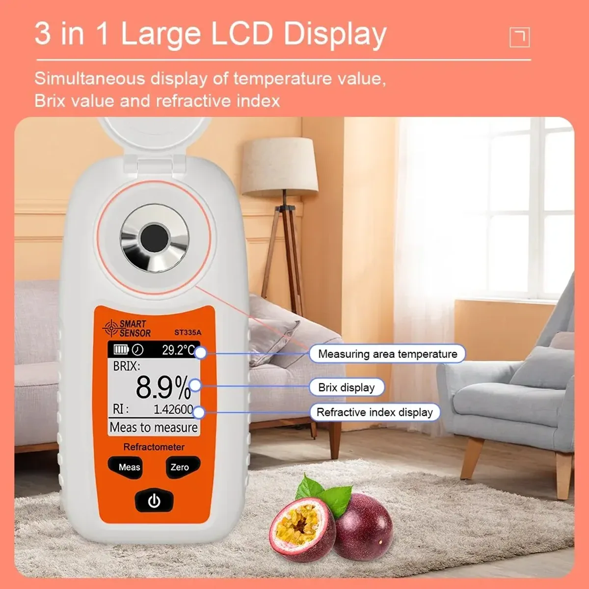 Handheld digital refractometer held near a passion fruit in a living room setting