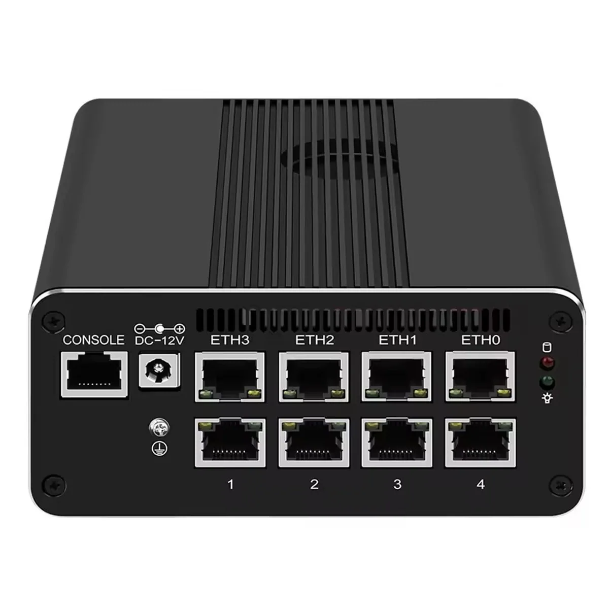 Rear panel of Firewall Appliance Mini PC featuring multiple Ethernet ports, console port, and power input.