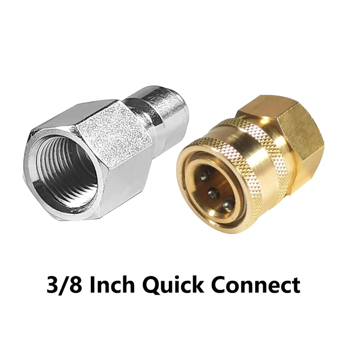 Two pressure washer quick connect fittings, a plug and a socket, shown side by side on a white background