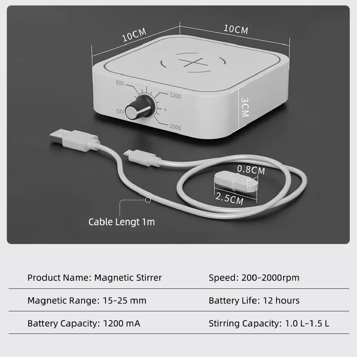 USB Rechargeable Magnetic Stirrer 2608C1 | 200 to 2000RPM | 1.0 to 1.5L - Thumbnail 2