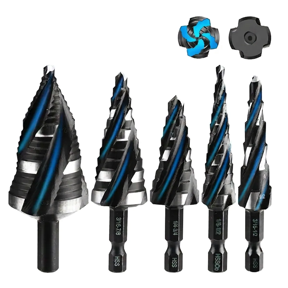 Premium 5-piece titanium-coated step drill bit set with four spiral flutes for smooth metal drilling, includes 50 size steps.
