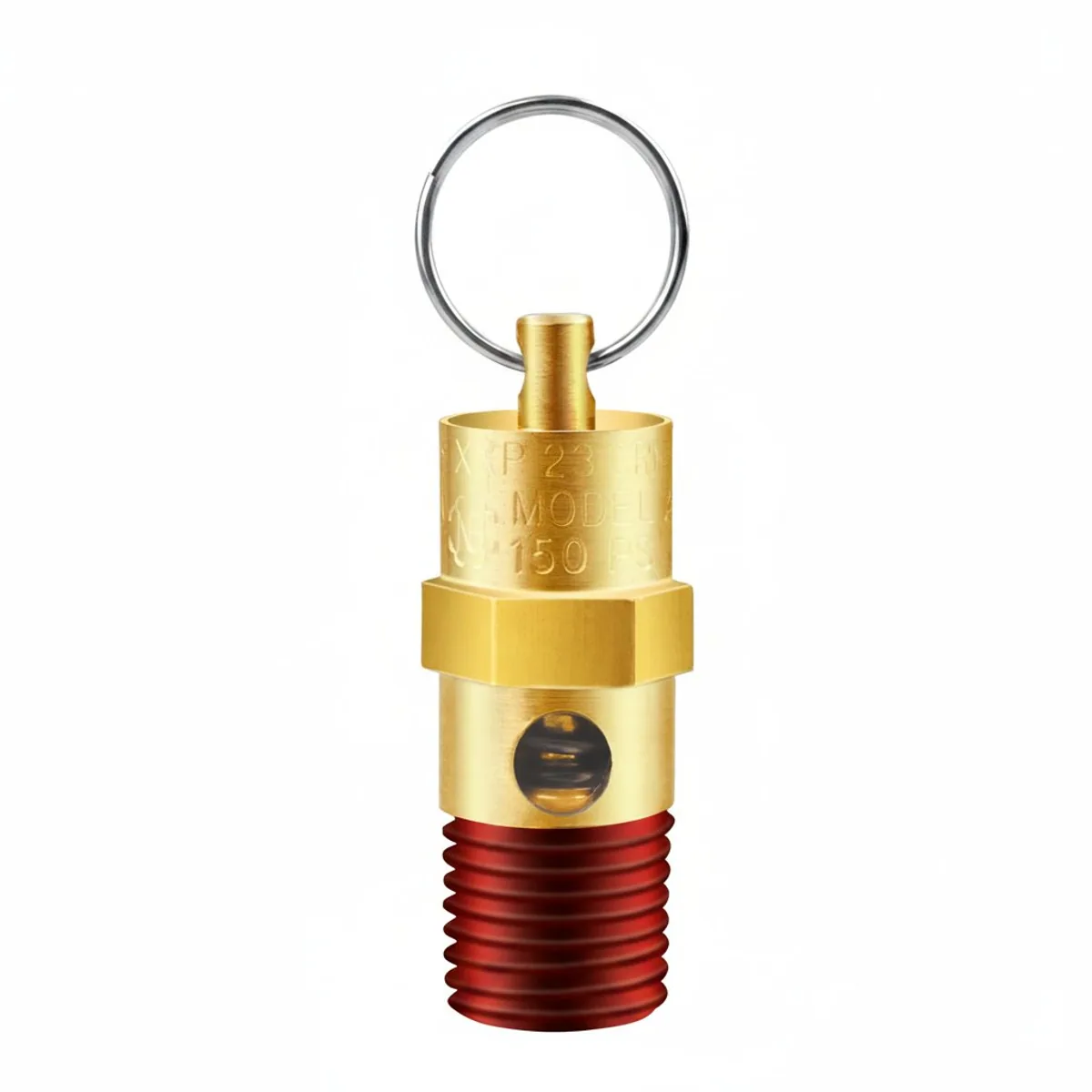 Brass air compressor pressure relief safety valve with 1/4 inch male NPT port, rated for 125 to 200 PSI.