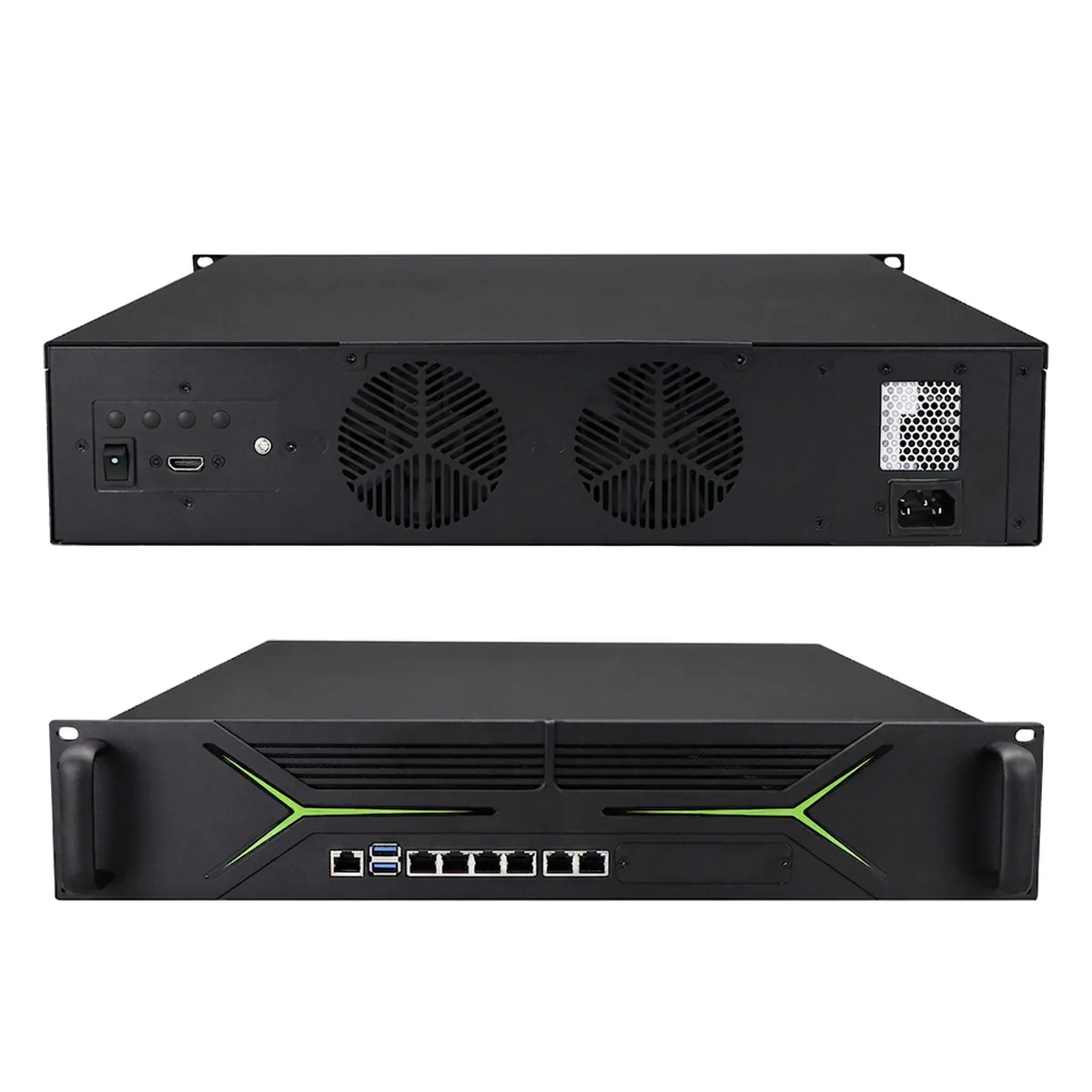 Front and rear views of a rackmount Firewall Appliance with Ethernet ports, power input, and dual cooling fans.