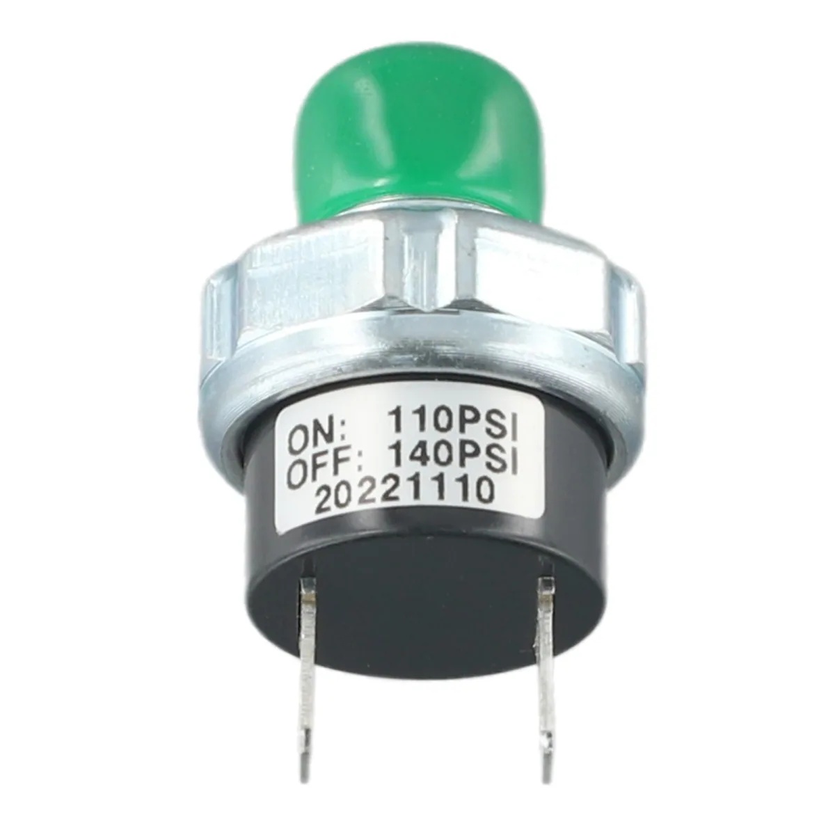 Green-capped pressure switch with a printed 110PSI and 140PSI on and off label