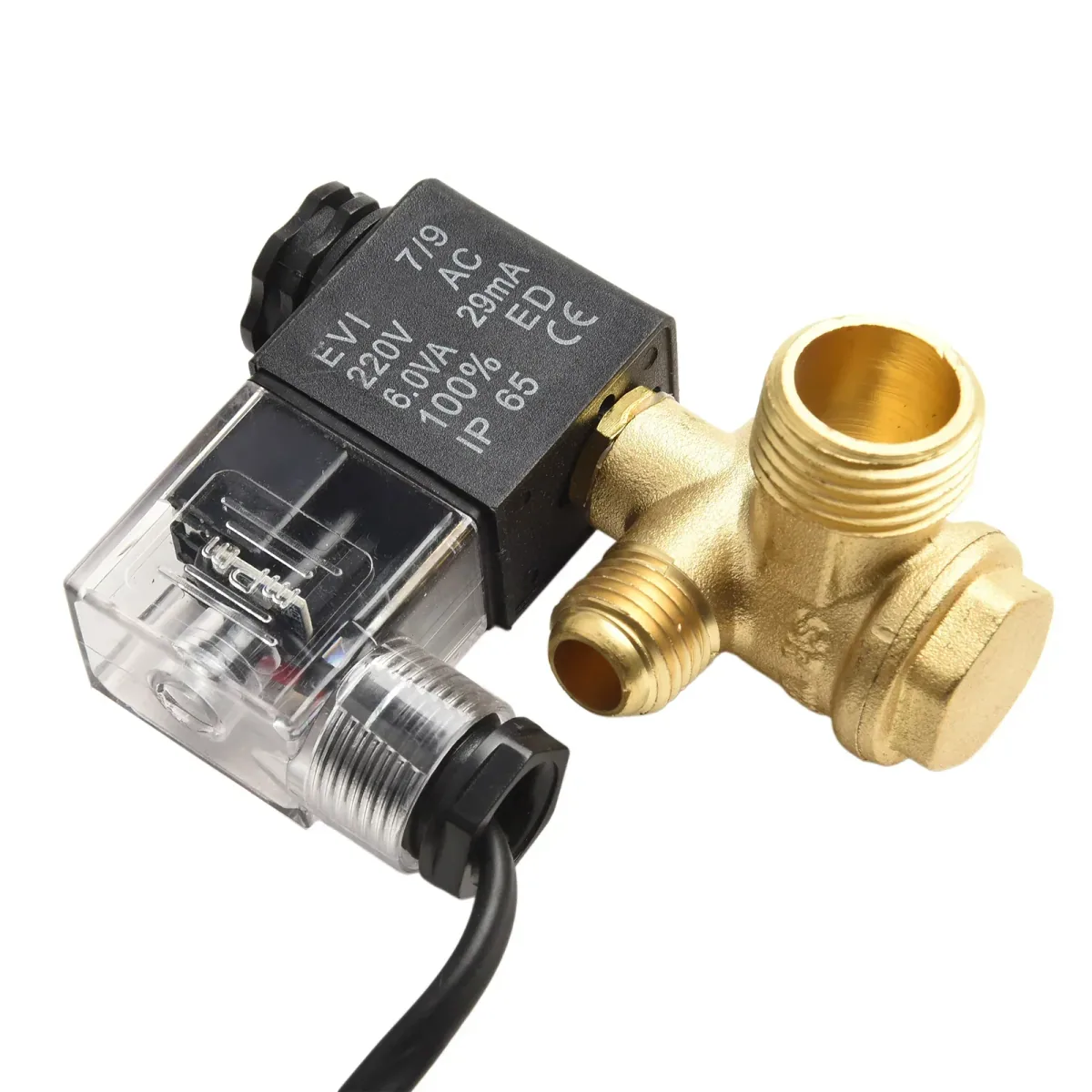 Brass solenoid valve with fitted fitting for an air compressor, shown from the side