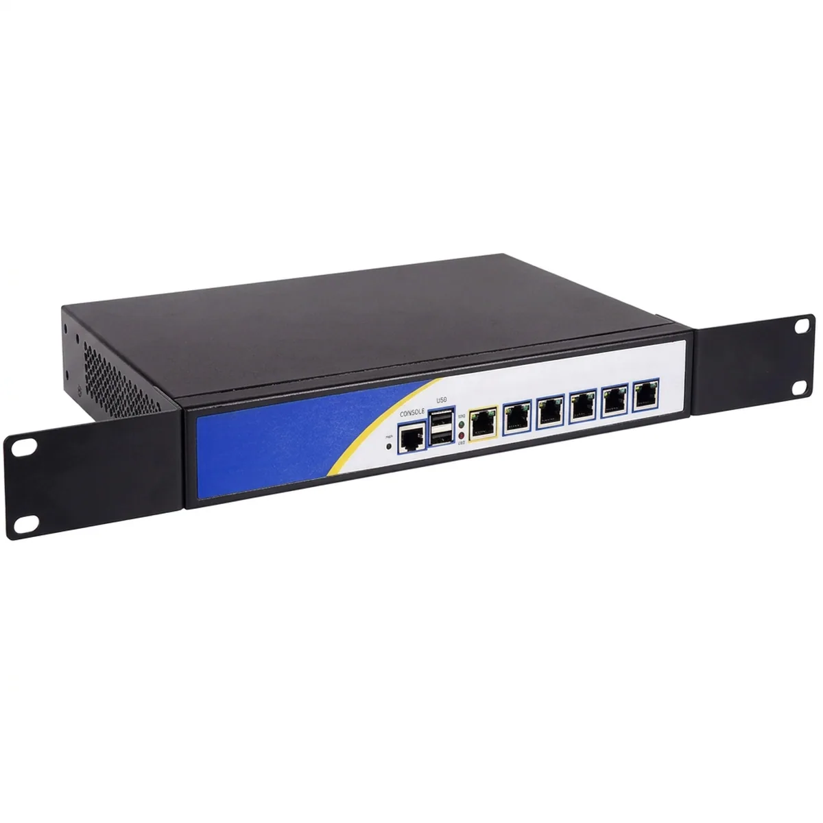 Front view of an Appliance Mini PC with rack-mount ears, multiple Ethernet ports, and USB interfaces.