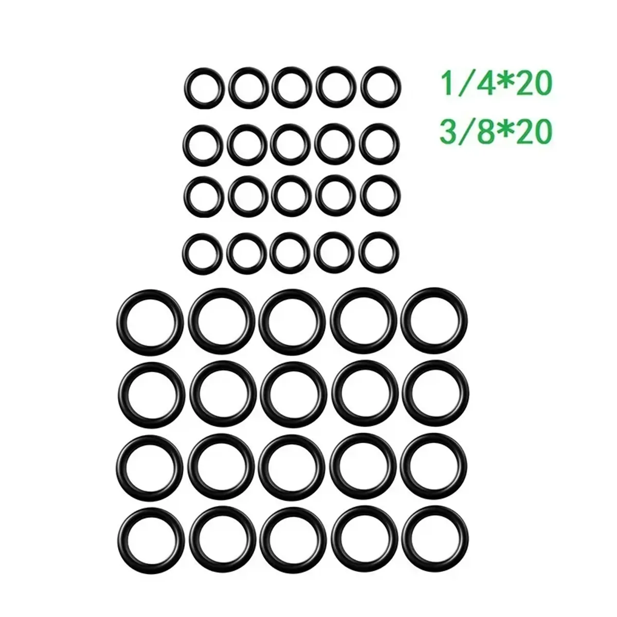 Pile of black rubber O-rings in different sizes laid out on a plain background