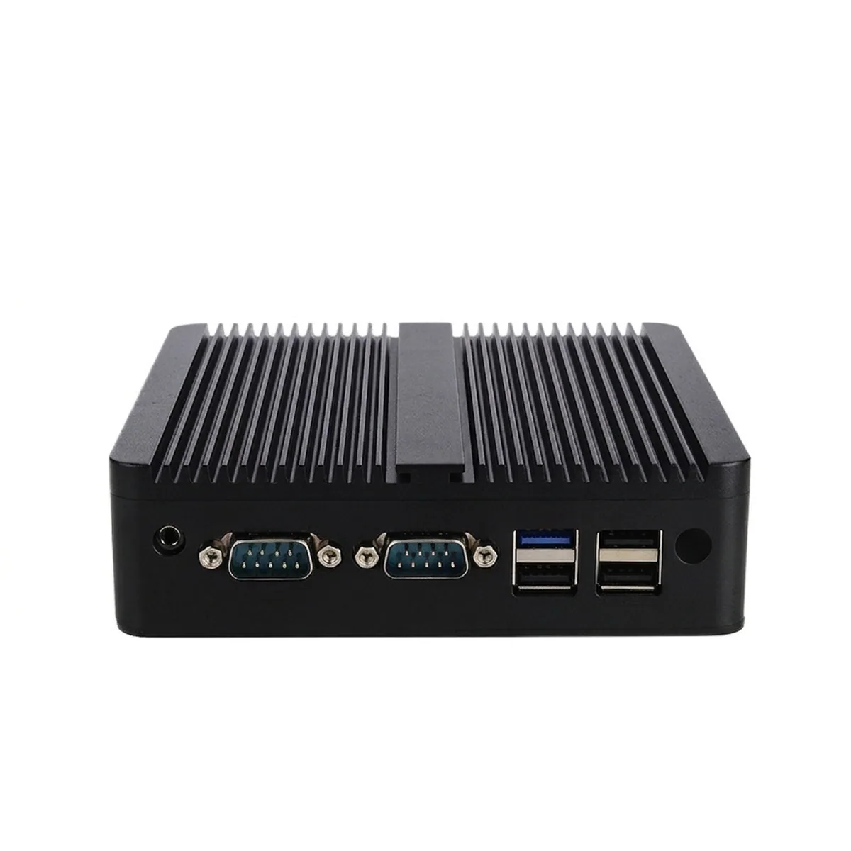 Industrial Mini PC with finned heatsink top, two COM ports, four USB ports, and an audio jack.