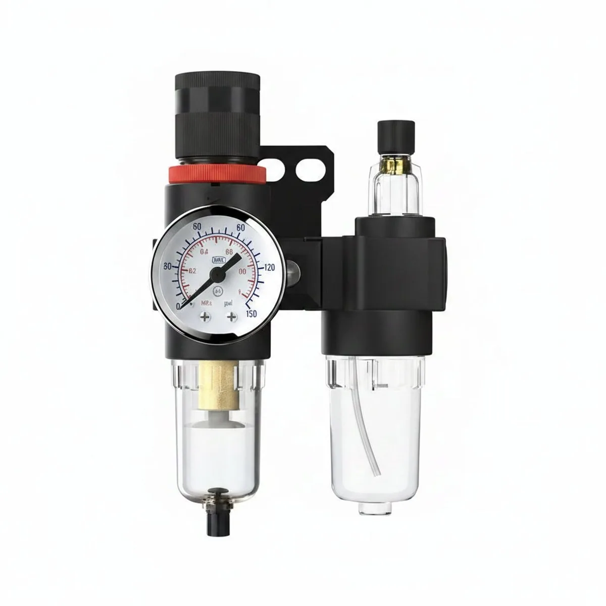 AFC2000 Oil Water Separator Regulator Trap Filter for airbrush and compressor, with 1/4-inch ports and pressure gauge.