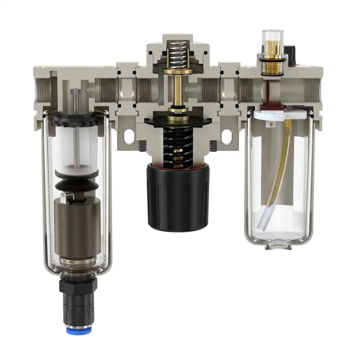 AC3010 G3/8 Oil Water Separator Filter for air compressor pressure regulators, showing metal bowl and pressure gauge.