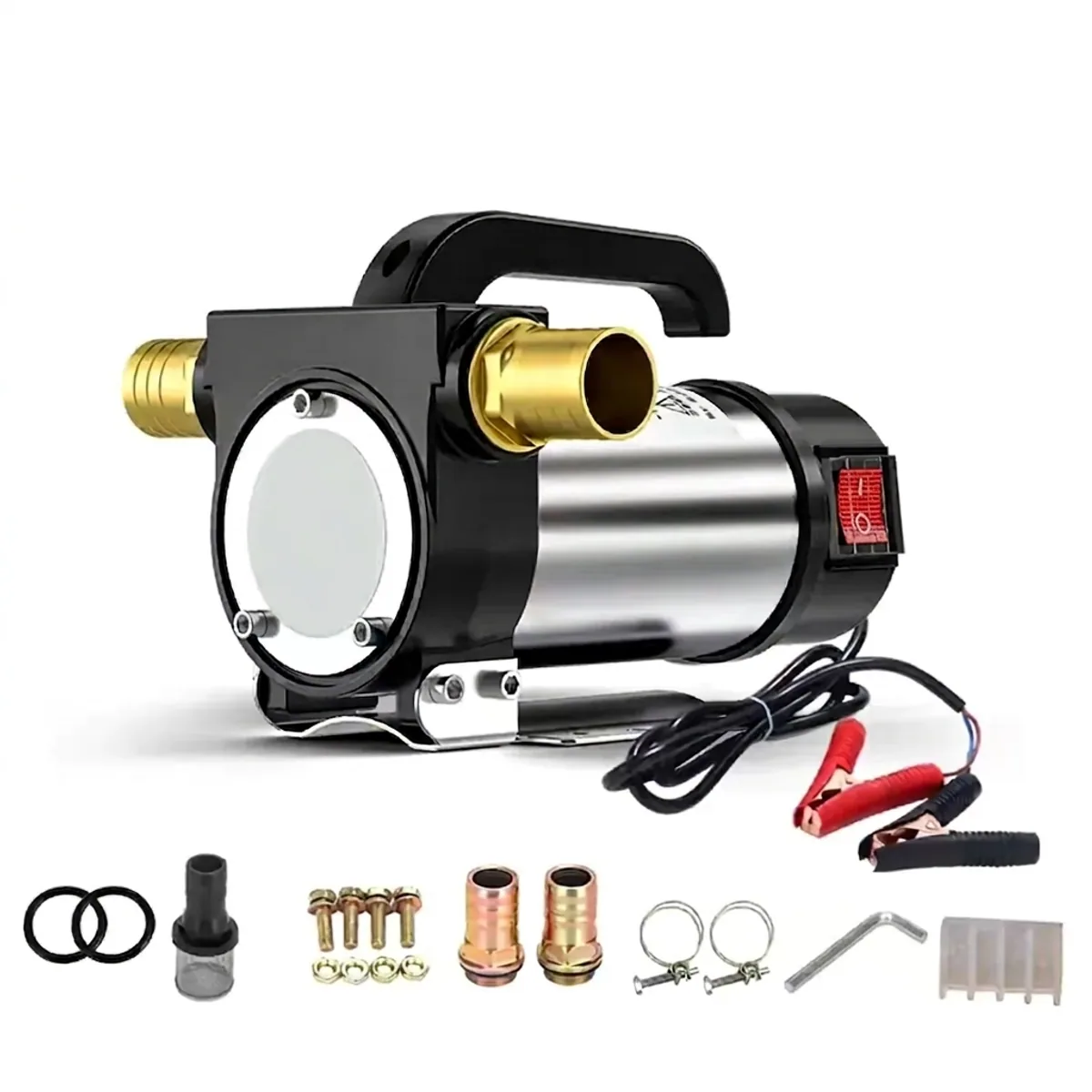 Diesel transfer pump in black and stainless steel with battery clamps, brass hose fittings, filter, and bolts.