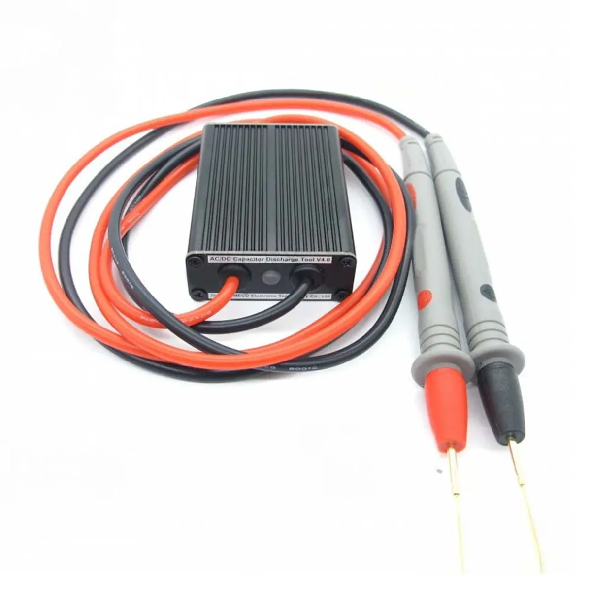 Black finned aluminium capacitor discharge tool with red and black silicone leads and grey probes with gold tips