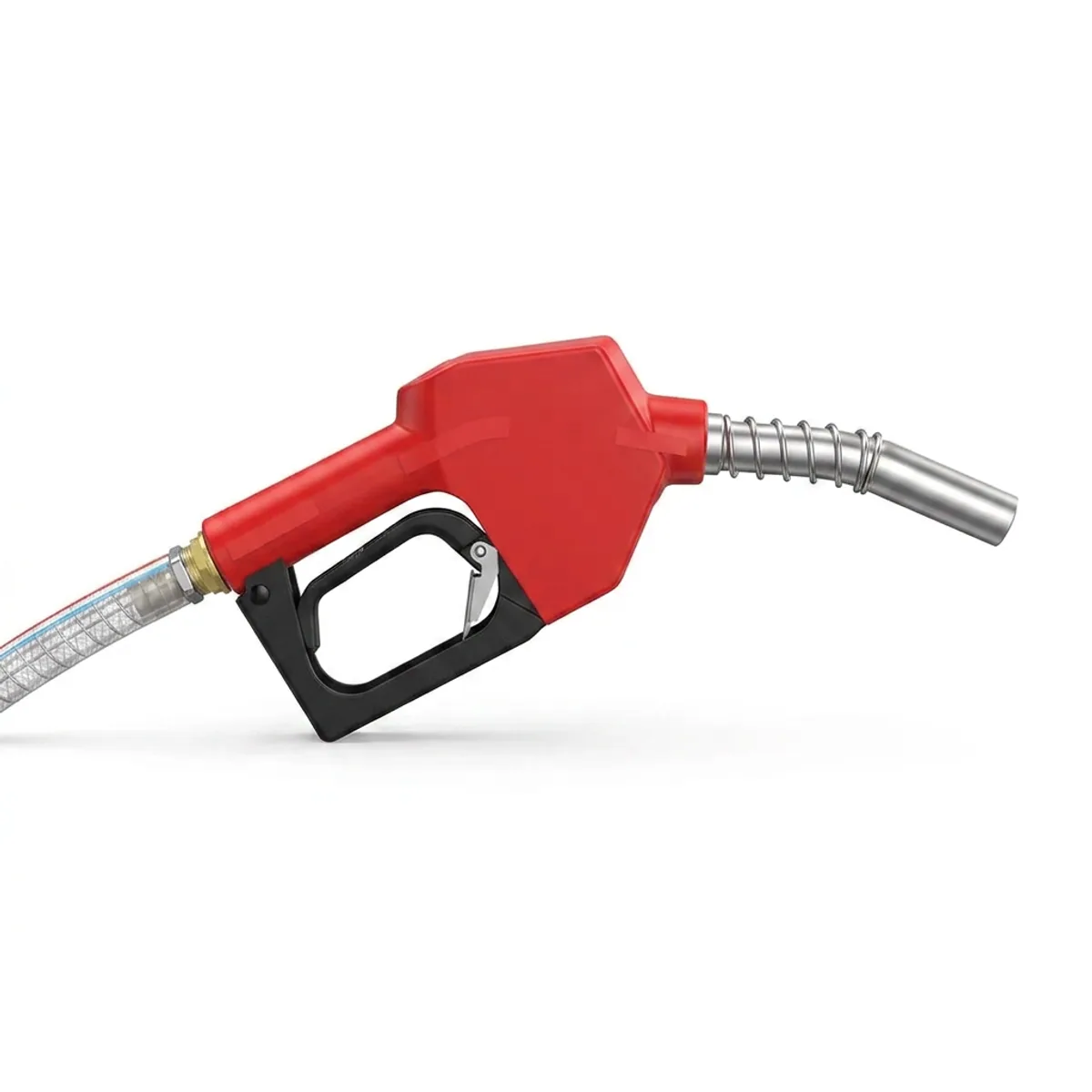 Red diesel transfer pump nozzle with metal spout and attached clear reinforced hose.