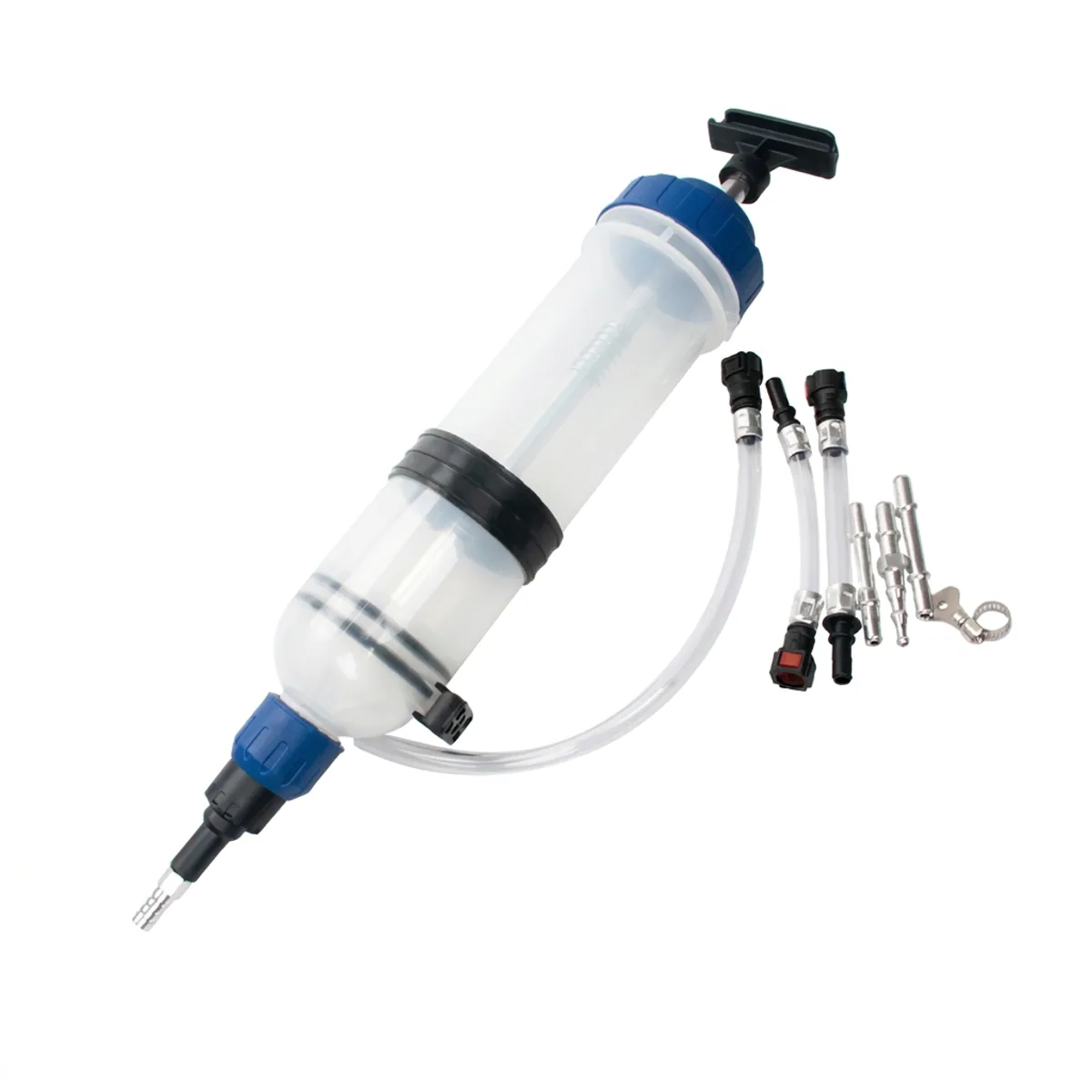 Plastic manual syringe siphon pump with blue caps, clear tubes, and assorted metal connector fittings.