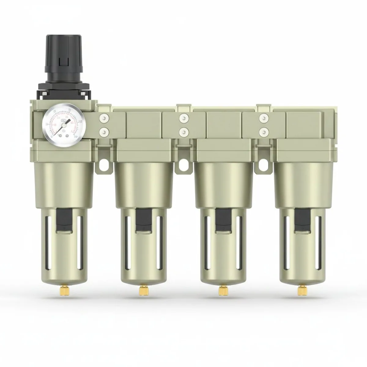 CWFFF air compressor filter regulator with 1/4 to 1 inch NPT ports for oil and water separation, pressure reduction, and moisture control.
