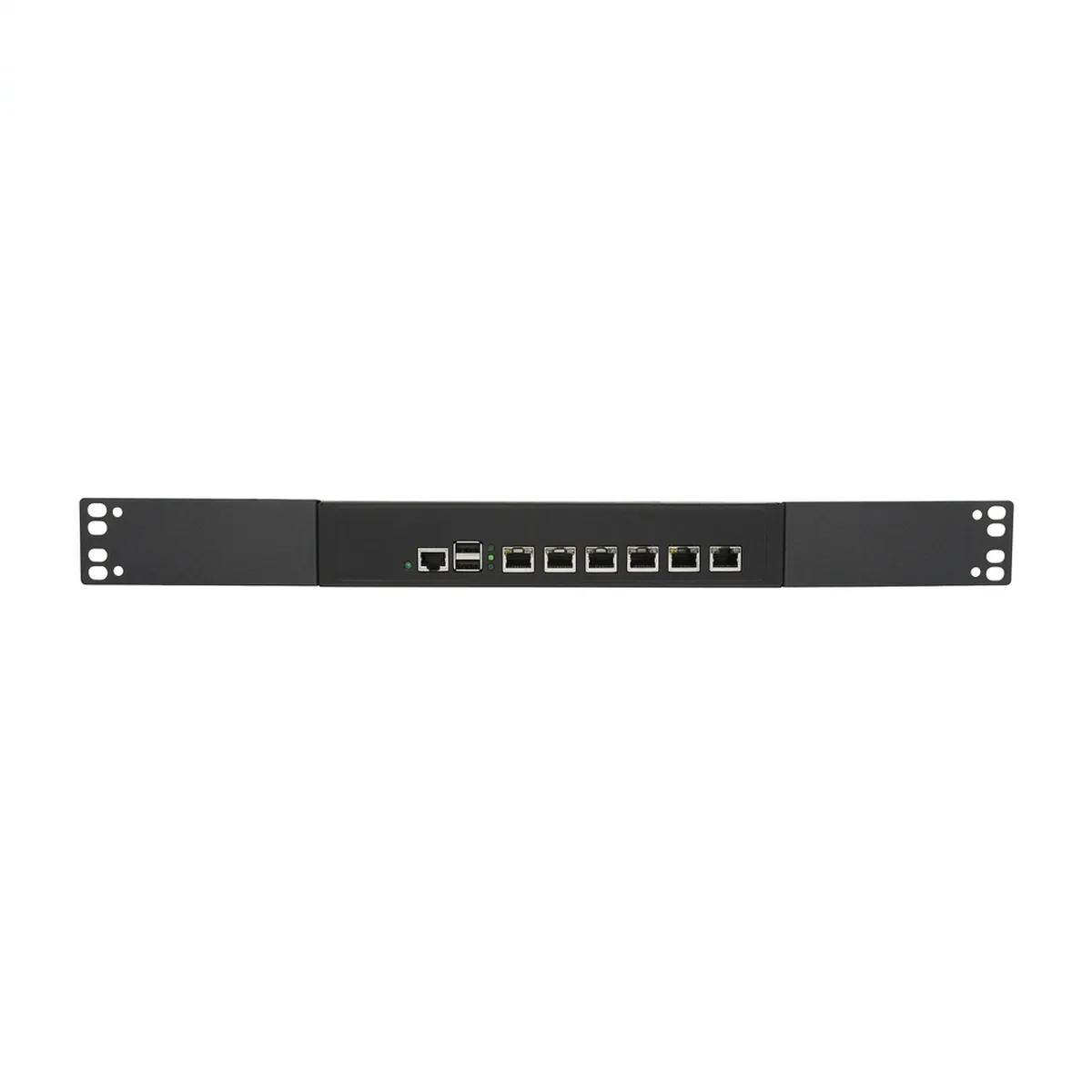 Front view of 1U Firewall Appliance featuring multiple Ethernet ports, dual USB ports, and rackmount brackets.