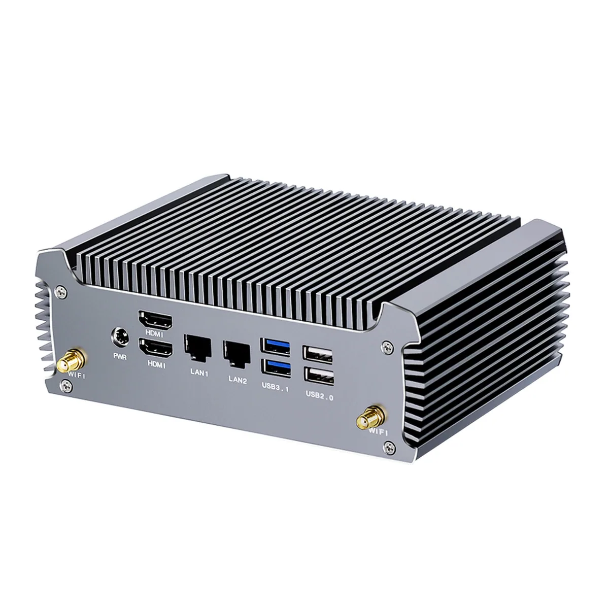 Rear panel of a Firewall Appliance Mini PC with LAN, HDMI, USB ports, and antenna mounts.