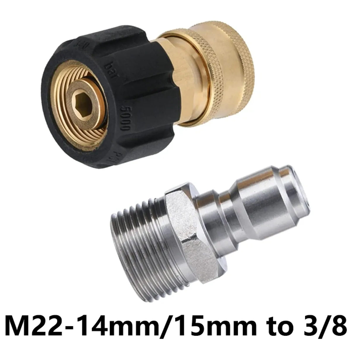 Pressure washer quick connect adapters labelled M22 to 3/8 inch with a brass coupling and stainless steel plug