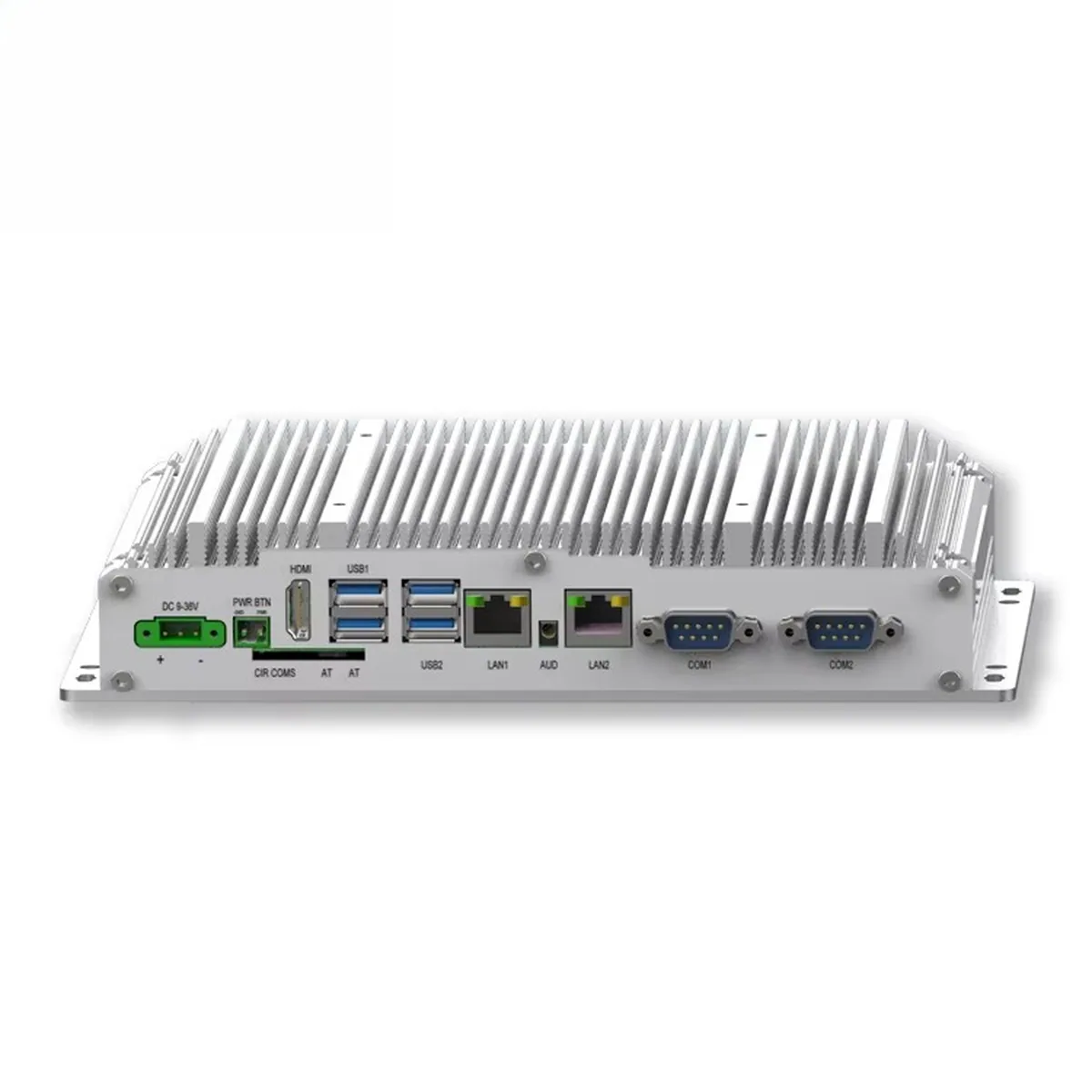 Port panel view of an Industrial Mini PC featuring dual LAN, COM, HDMI, and USB interfaces.