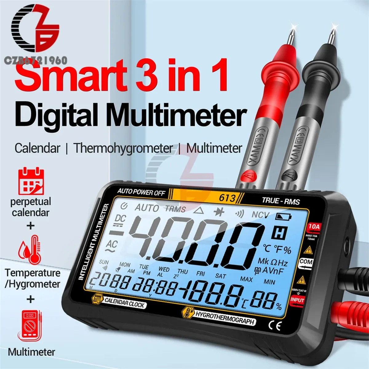 Digital Multimeter: Infographic listing photo with detailed parameters.