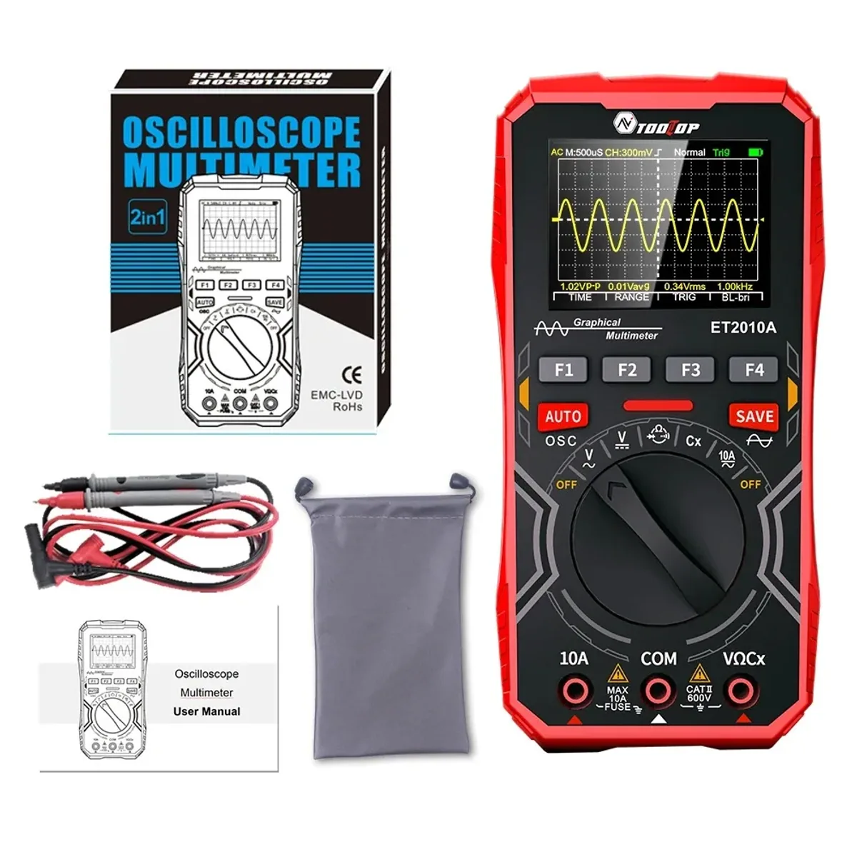 Red handheld oscilloscope multimeter showing a sine wave, with test leads, carry pouch, manual and box