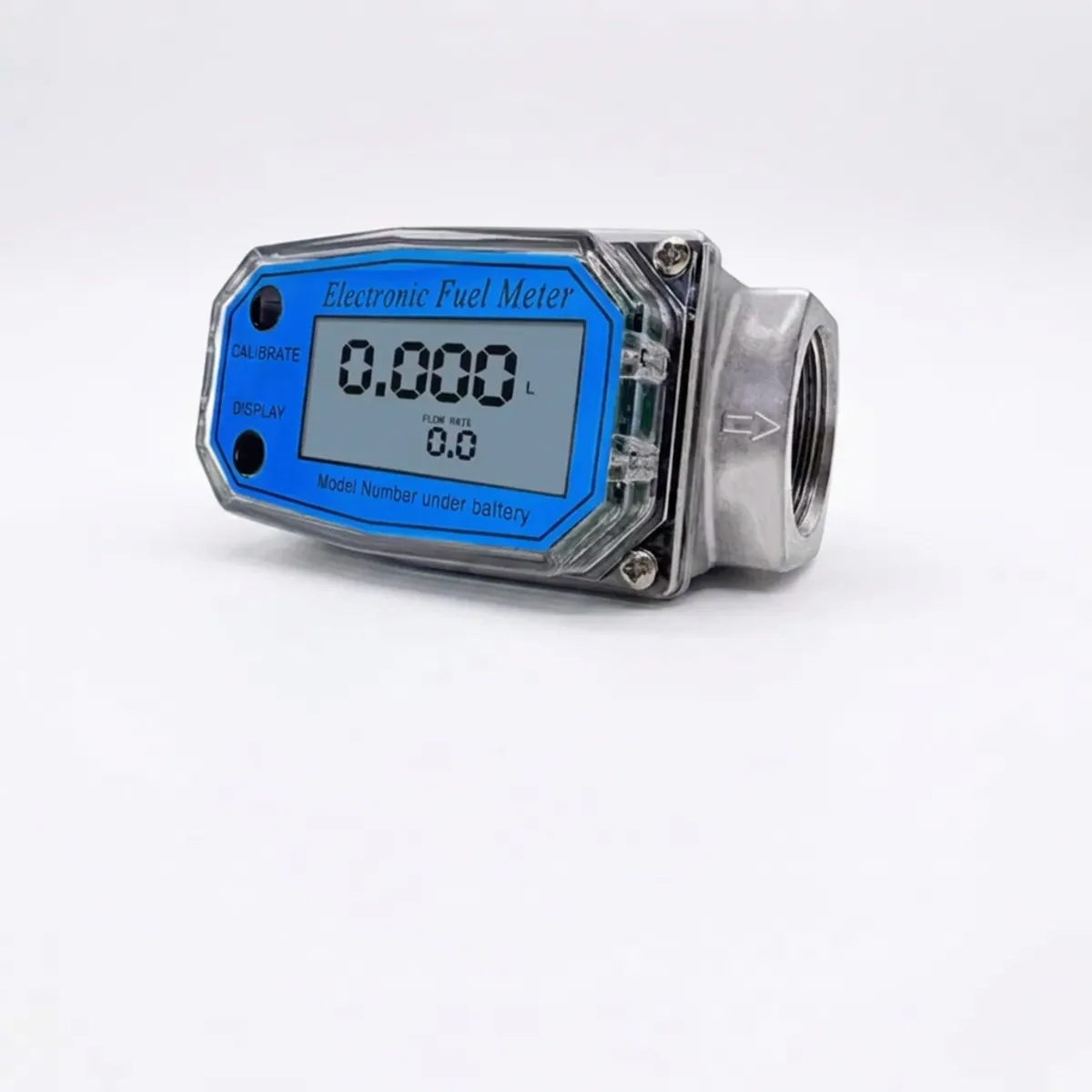 Digital fuel transfer fitting with aluminium body, blue faceplate, LCD screen, and threaded port.