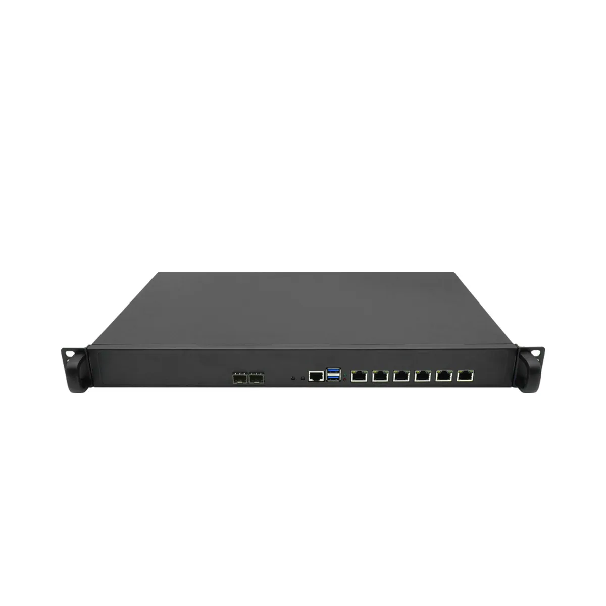 Front view of a 1U Firewall Appliance Mini PC with Ethernet, SFP, and USB ports.
