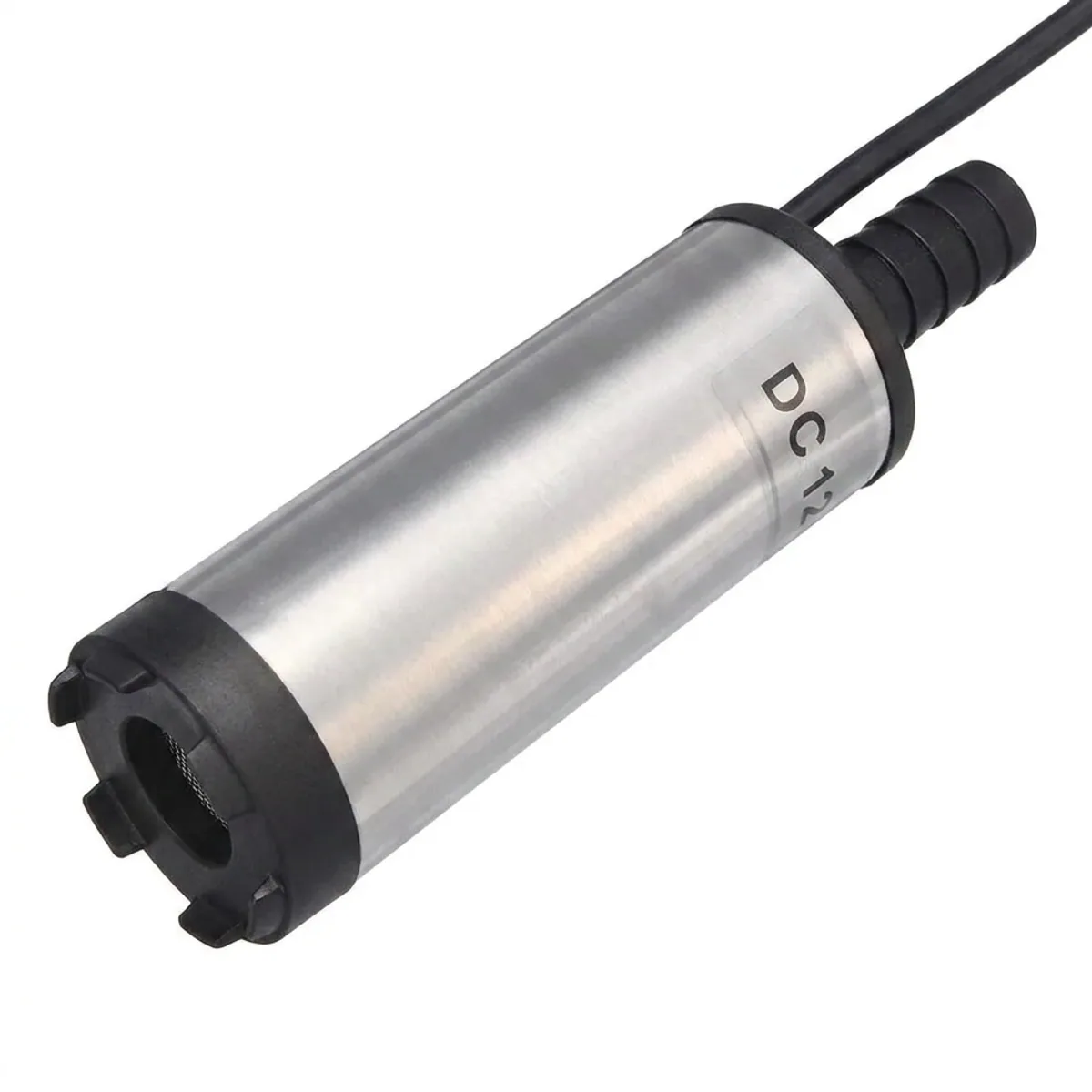 Stainless steel diesel transfer pump with a black barbed outlet nozzle and power cable.