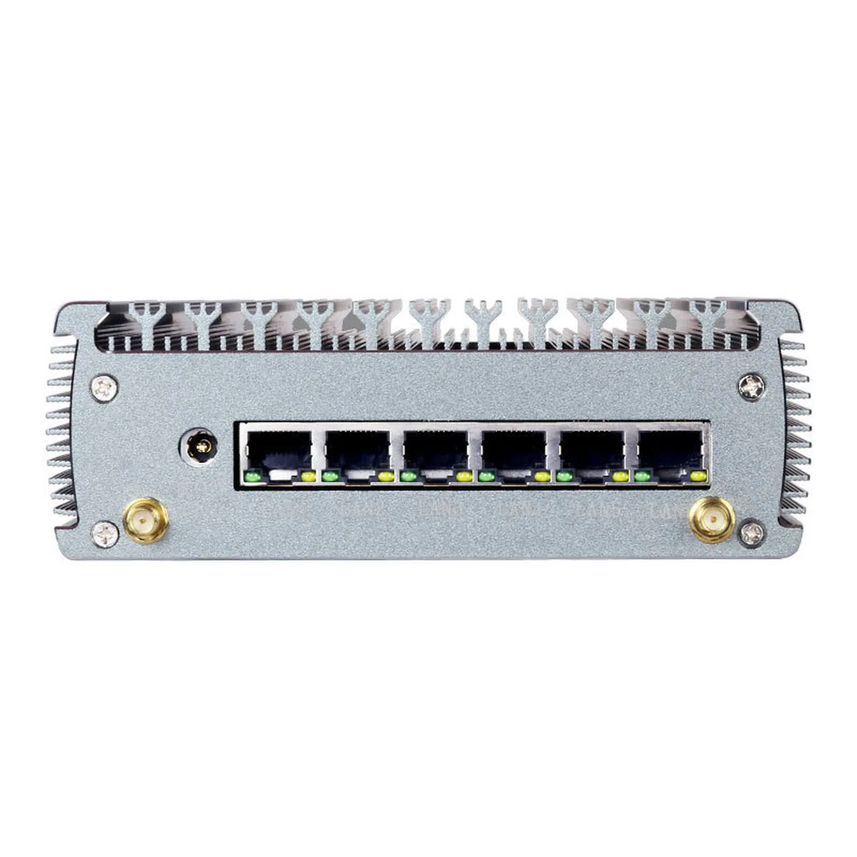 Rear panel of Appliance Mini PC showing six Ethernet ports, two antenna connectors, and a DC power input.