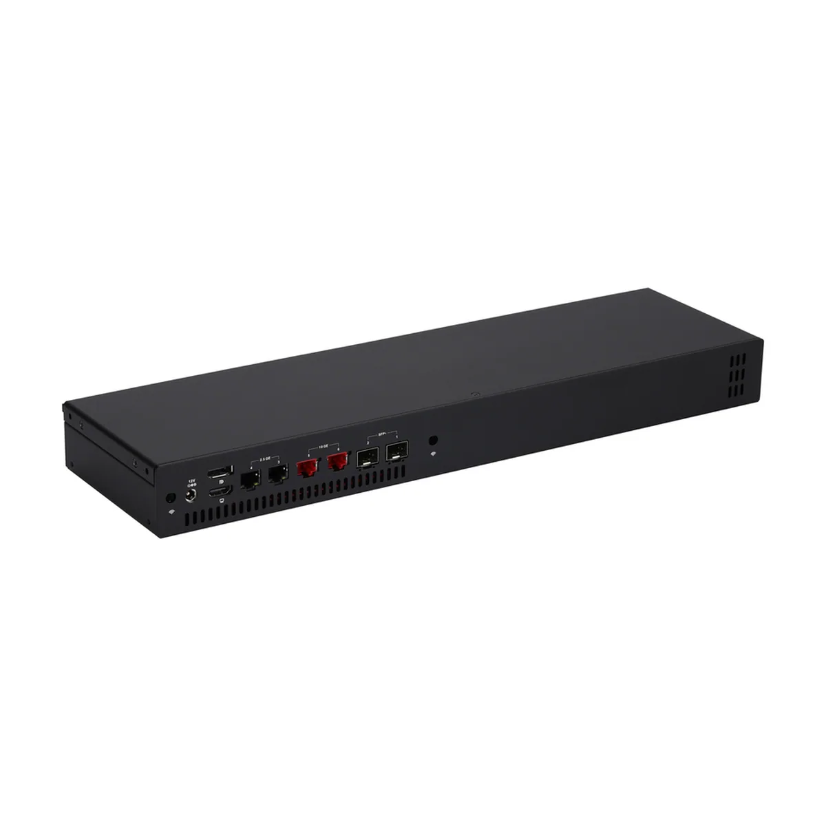 Rear panel of a black Rackmount Firewall showing display ports, RJ45 Ethernet jacks, and SFP+ cages.